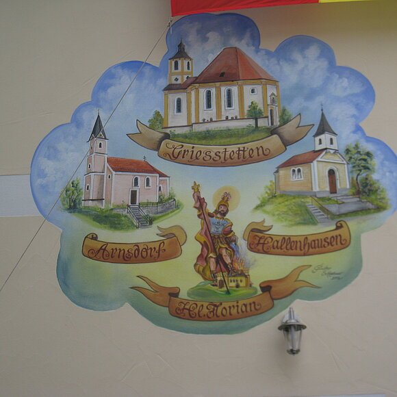 Kirchen der drei Ortschaften unserer Feuerwehr mit dem Hl. Florian
Bild auf dem FW-Haus Arnsdorf