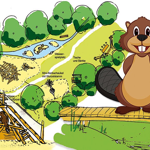 Biber hält einen Bleistift, rechts ist eine Biberburg als Spielgerät zum Klettern dargestellt.