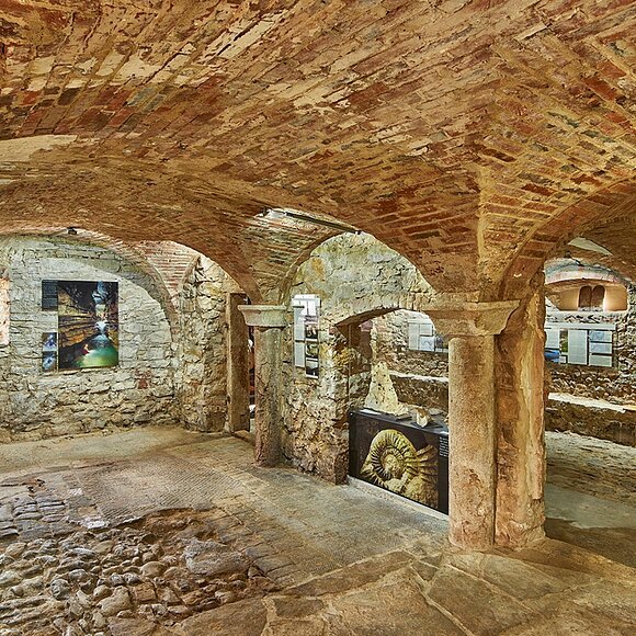 Historischer Kellerraum mit gewölbter Decke aus Backstein und Ausstellungsstücken an den Steinwänden.