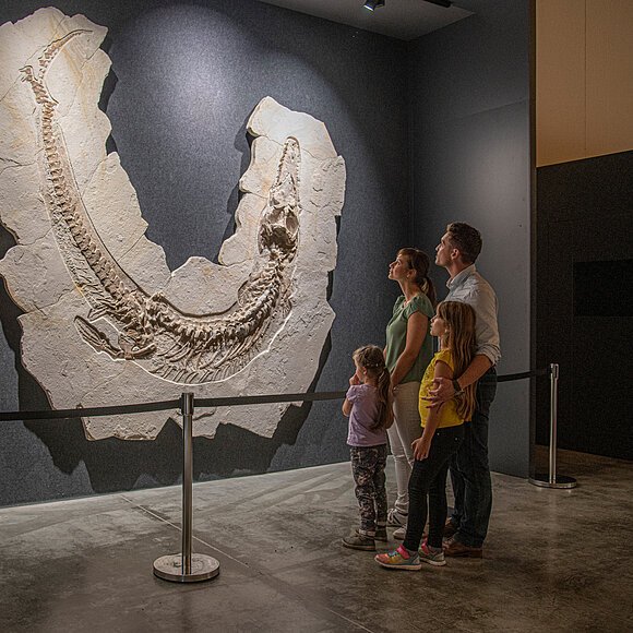 Familie mit zwei Kindern betrachtet großes versteinertes Skelett eines Meereskrokodils in Museumsausstellung.
