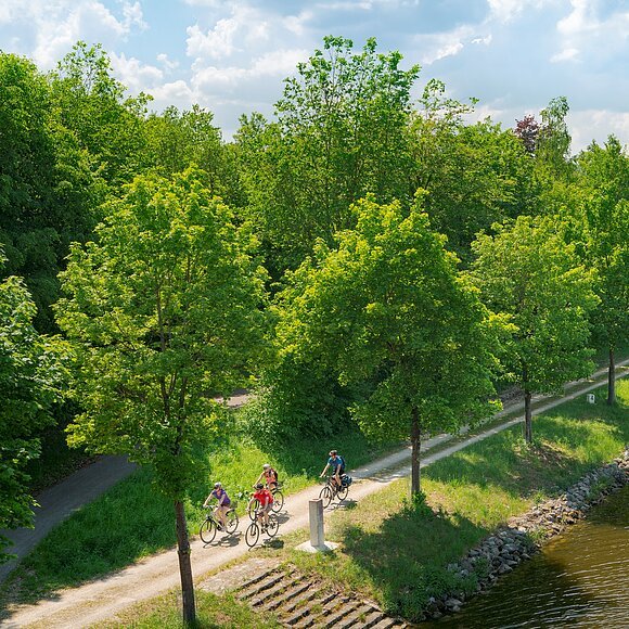 Altmühltal-Radweg bei Beilngries Fünf Radfahrer auf einem Weg entlang eines Flusses mit Bäumen und Hügeln im Hintergrund bei bewölktem Himmel.