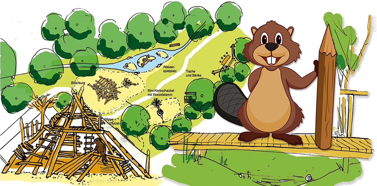 Biberspielplatz Biber hält einen Bleistift, rechts ist eine Biberburg als Spielgerät zum Klettern dargestellt.