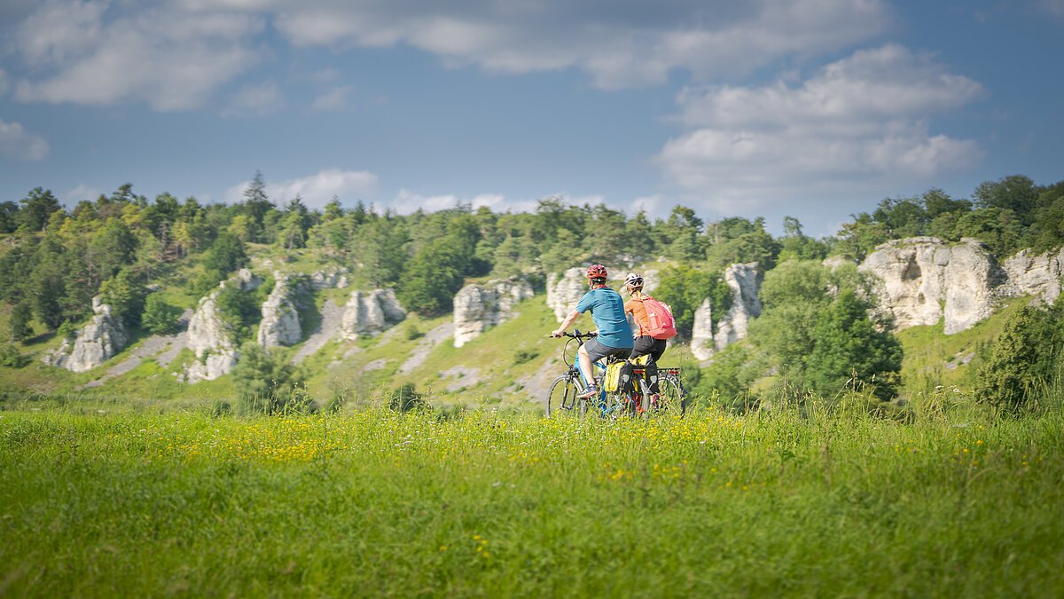 Radfahrer bei den 12 Apostel Solnhofen Zwei Personen fahren mit Fahrrädern auf einem grasbewachsenen Feld vor einer Felslandschaft.