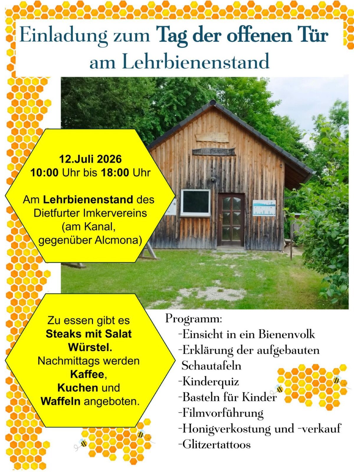 Außenansicht Lehrbienenstand mit Programmbeschreibung für den Tag der offenen Tür am 12. Juli 2025 von 10 - 18 Uhr