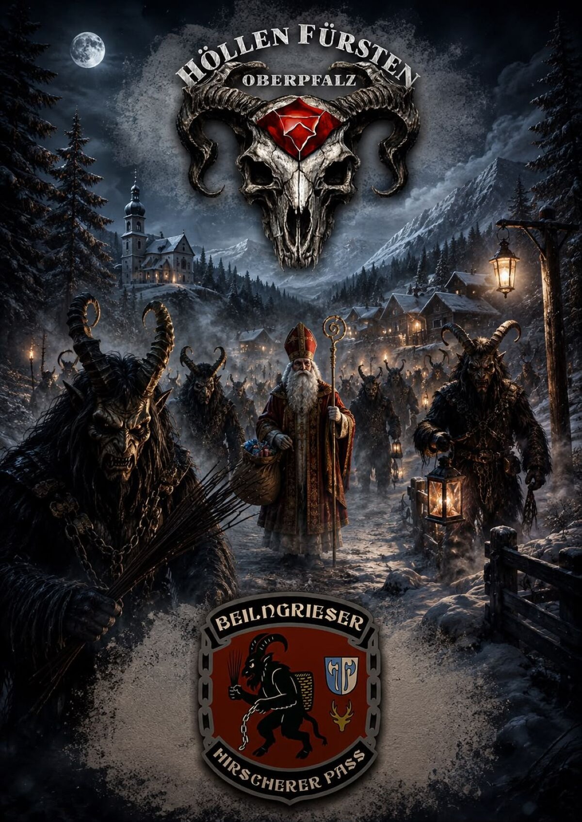 Winterliches Bild mit Perchten, Nikolaus und sonstigen wilden Gesellen ... dazu die Logos von den Gruppen Höllenfürsten Oberpfalz und Beilngrieser Hirscherer Pass