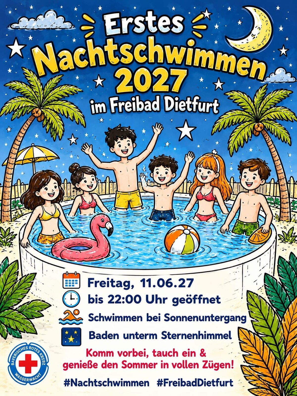Nachtschwimmen im 7-Täler Panoramabad Dietfurt · KI-generiert Plakat für Nachtschwimmen
Kinder im Becken