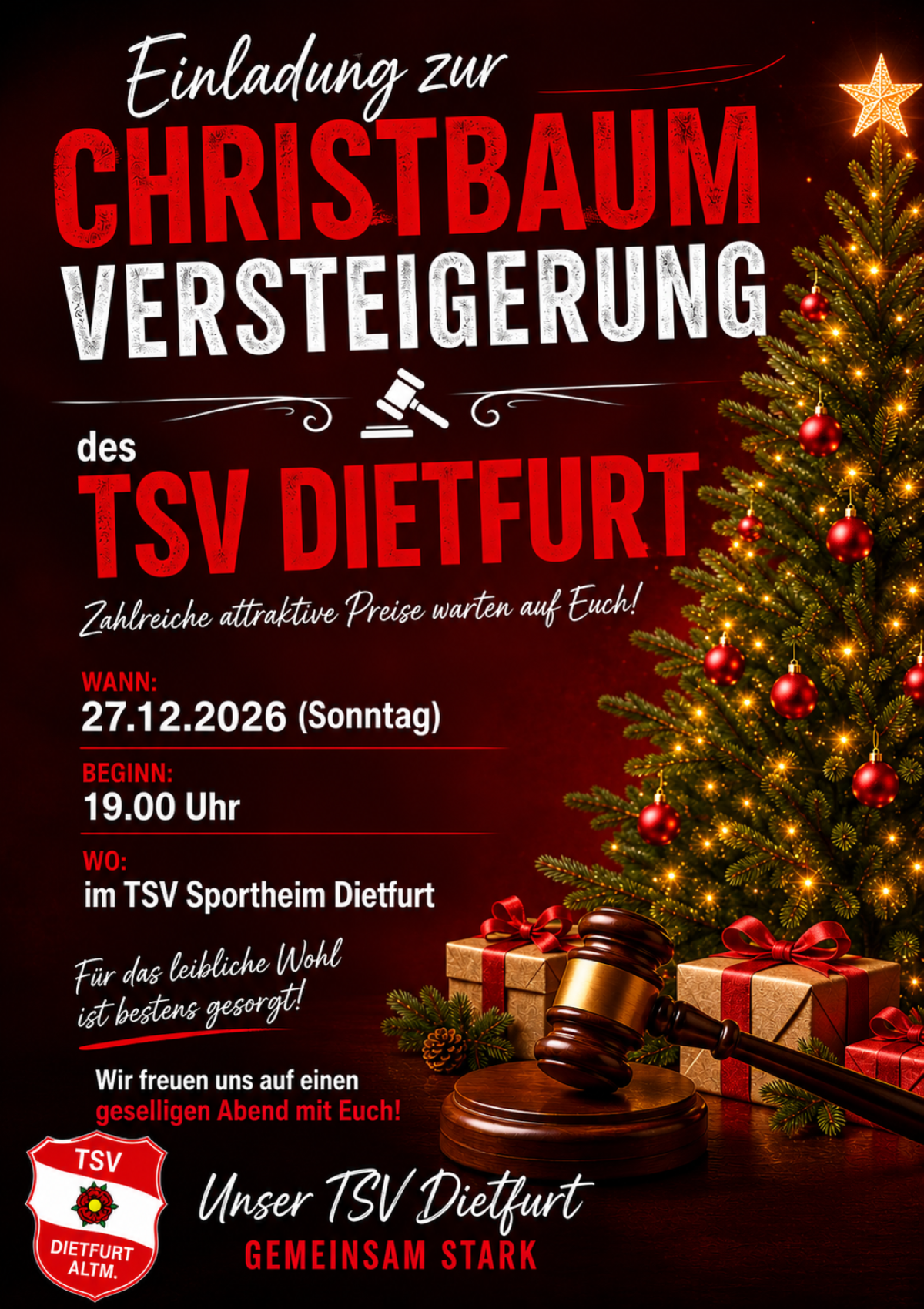 Plakat TSV Christbaumversteigerung 2026 · KI-generiert Werbung für die Versteigerung TSV Dietfurt